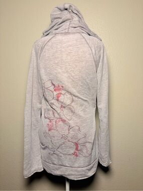 Y2K Roxy Womens Grey V-Neck Hoodie Floral Back Graphic Pullover Large #10